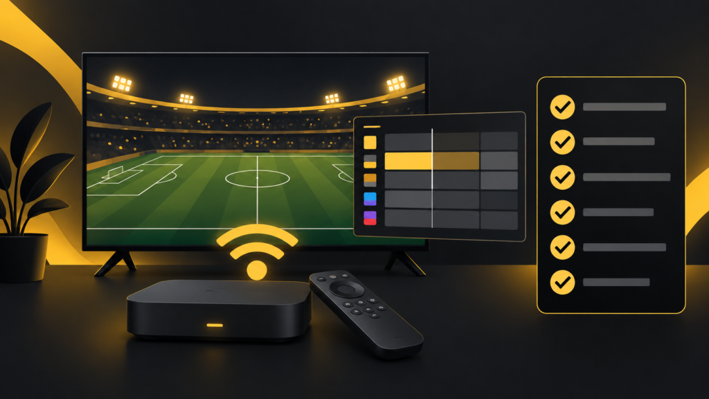 Televizor me fushë futbolli, guidë televizive dhe listë kontrolli për provën IPTV
