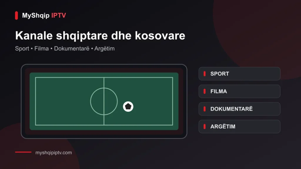 Ilustrim i futbollit në televizor dhe kategorive sport, filma, dokumentarë e argëtim.